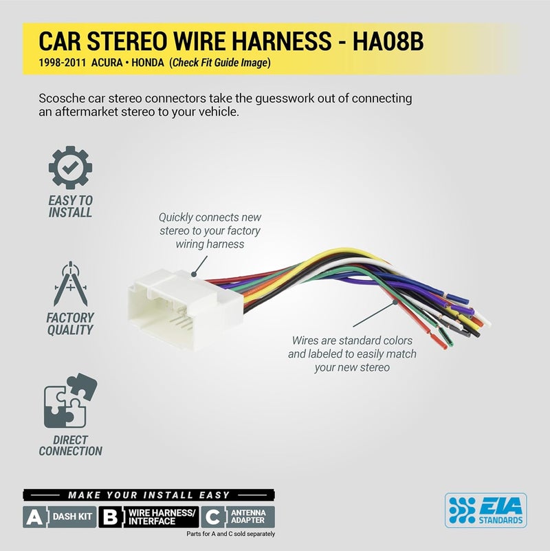 Scosche HA08B Aftermarket Radio Wiring Harness for Select 1998-11 Acura and Honda - Aftermarket Radio Wire Harness for Car Stereo - Check Vehicle List Below for Your Model - Image 4